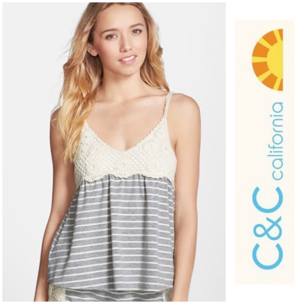 NWT C&C CALIFORNIA Babydoll Stripe & Crochet Tank Top Size Small